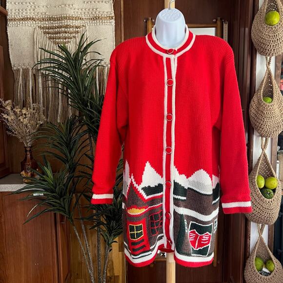 Vintage 80s Red Wool Coatigan Holiday Cabin Knit Sweater Jacket Xmas Cottagecore - Picture 1 of 10